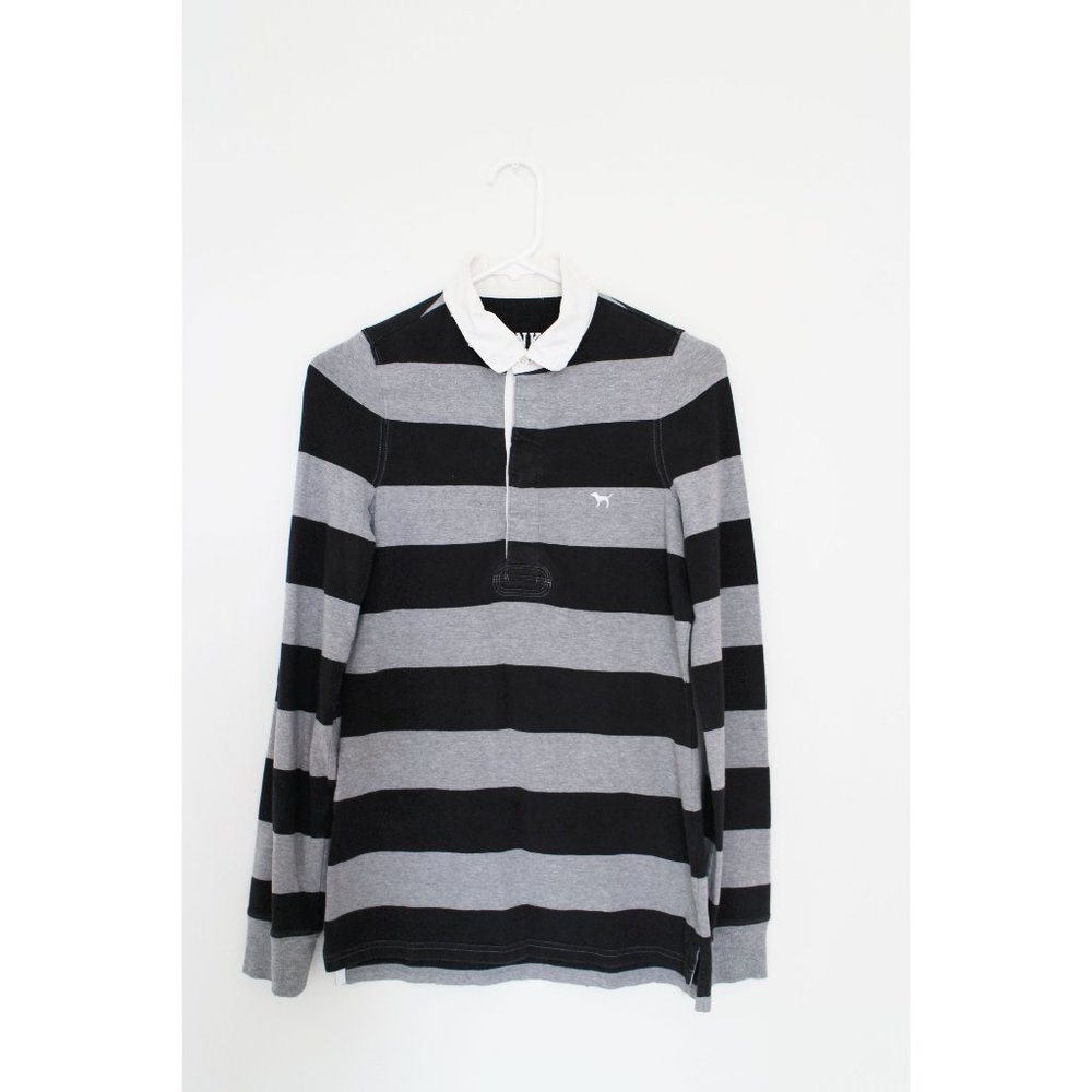 Victoria's Secret Black Gray Striped Polo Shirt S